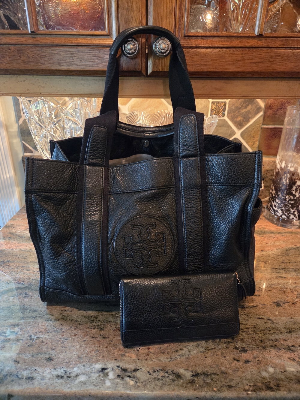 Tory Burch Black Pebbled Leather Tote with Matching Wallet